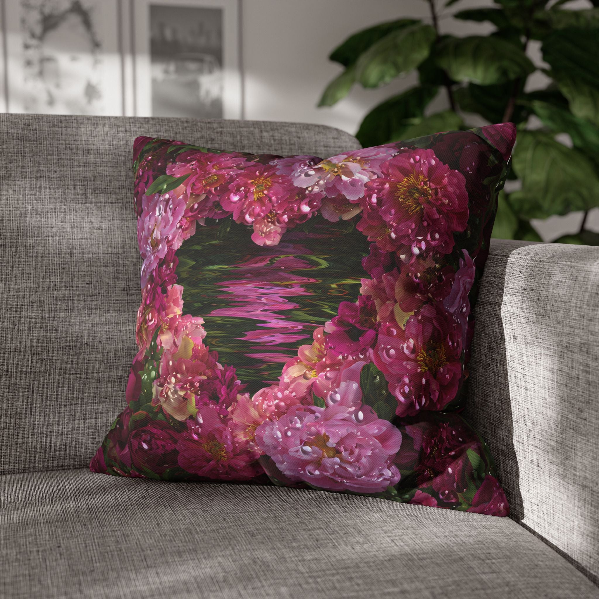 Floral Heart Pillowcase — Pink Rose Water Reflection Decorative Pillow
