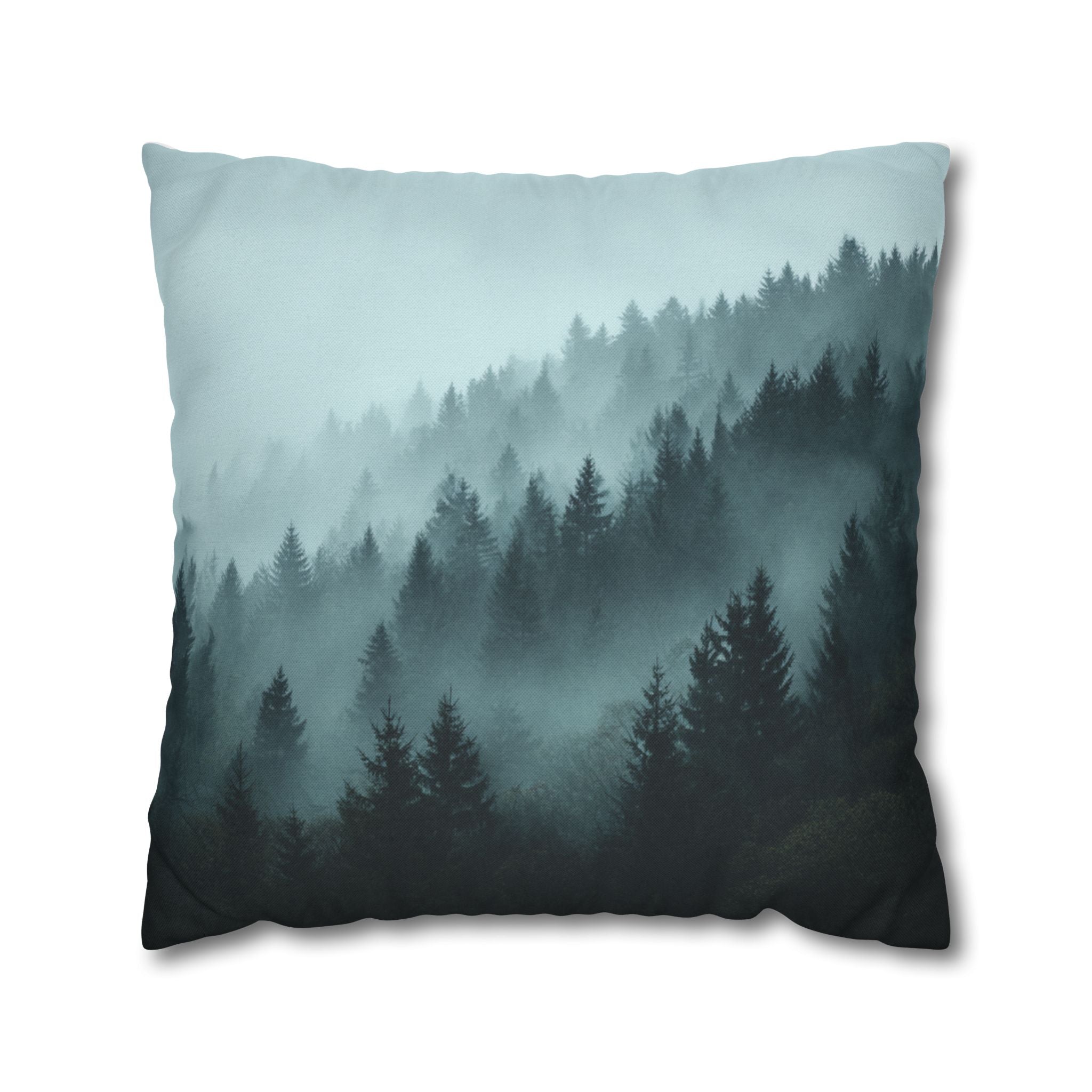 Misty Pine Forest Decorative Pillowcase — Atmospheric Nature Square Throw Pillow Cover