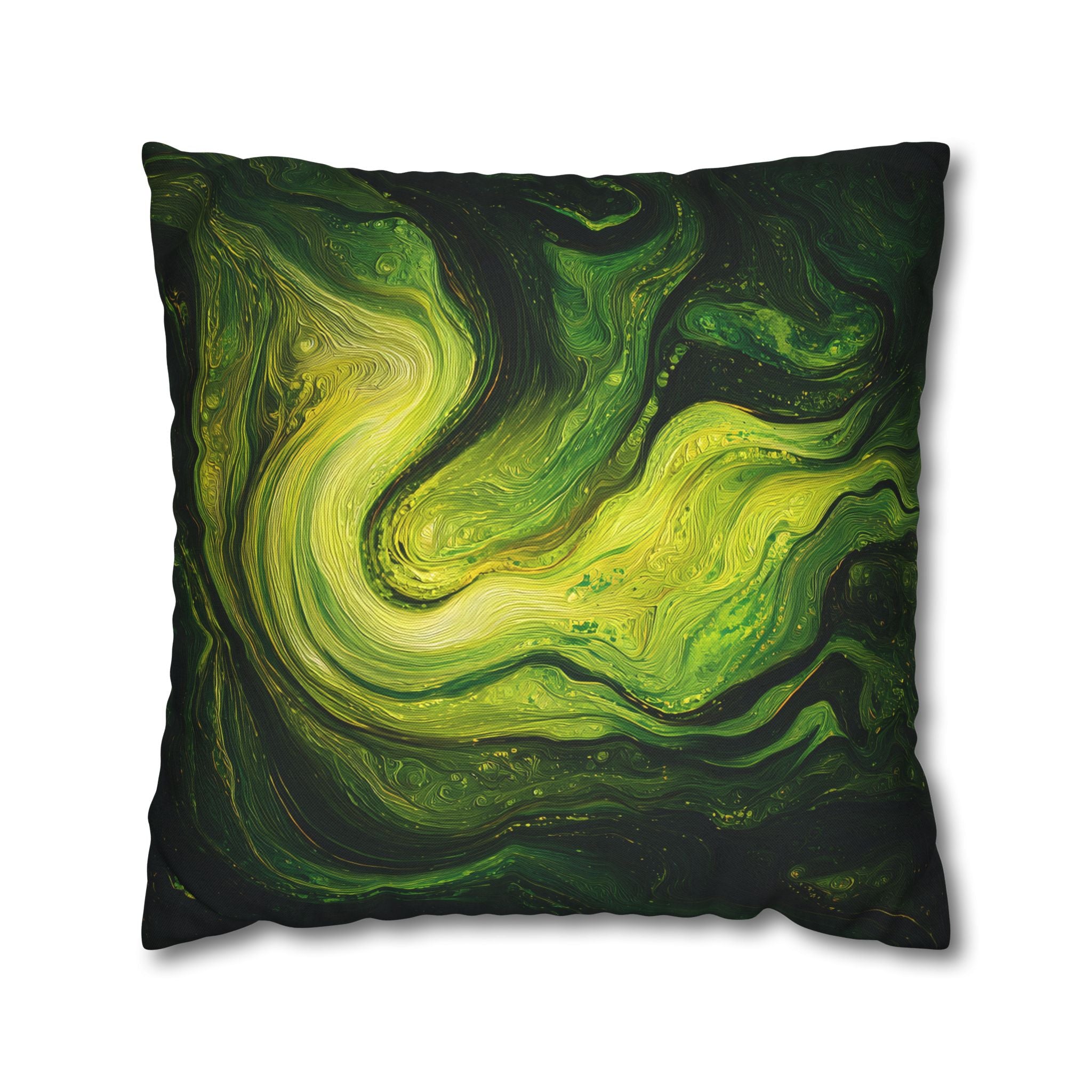Green Marble Swirl Pillowcase — Abstract Fluid Art Decorative Pillow