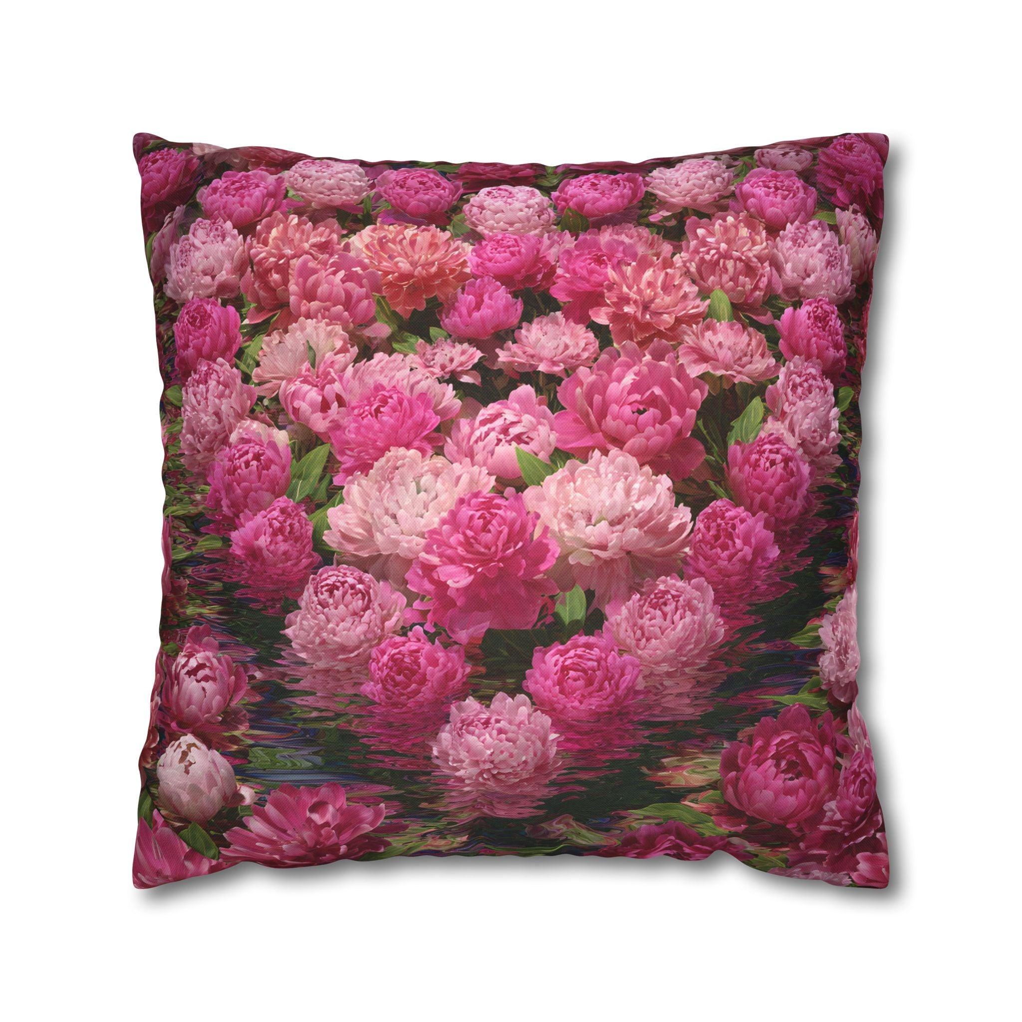 Pink Peony Floral Pillowcase — Decorative Square Throw Pillow Cover
