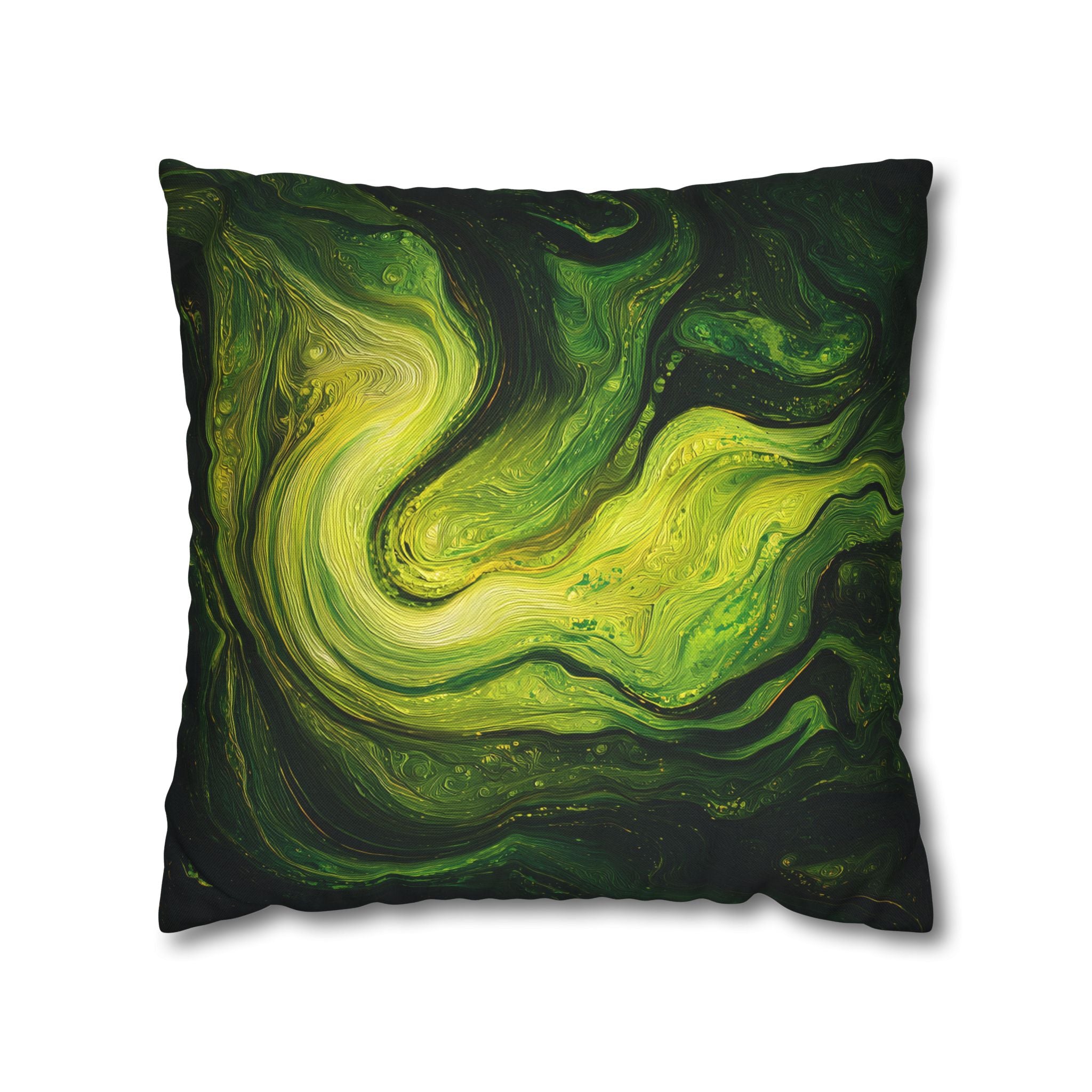 Green Marble Swirl Pillowcase — Abstract Fluid Art Decorative Pillow
