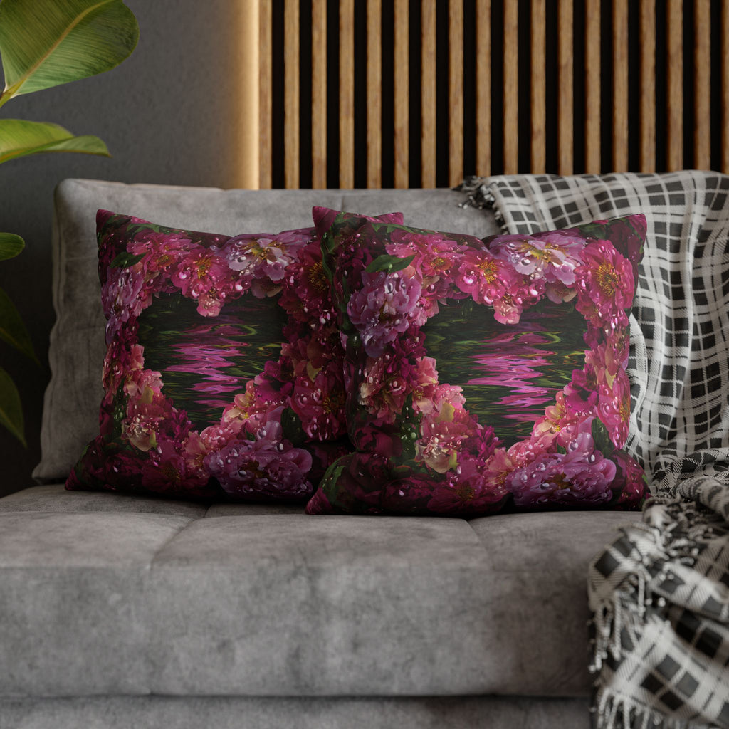 Floral Heart Pillowcase — Pink Rose Water Reflection Decorative Pillow