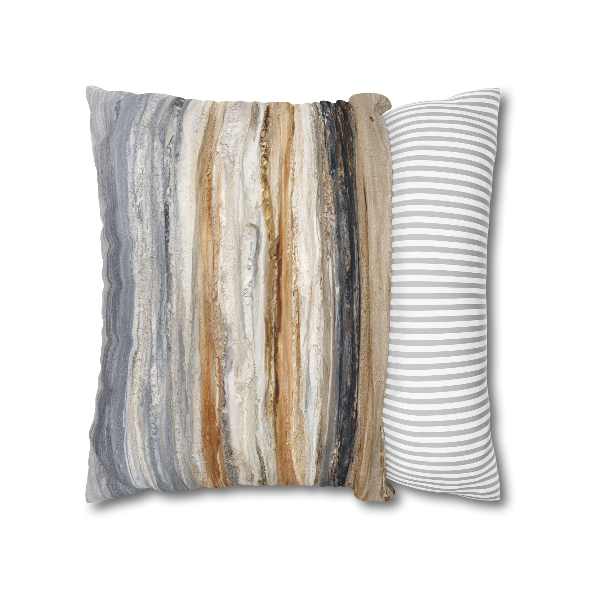 Abstract Neutral Striped Pillowcase — Coastal Textured Square Throw Pillow Cover