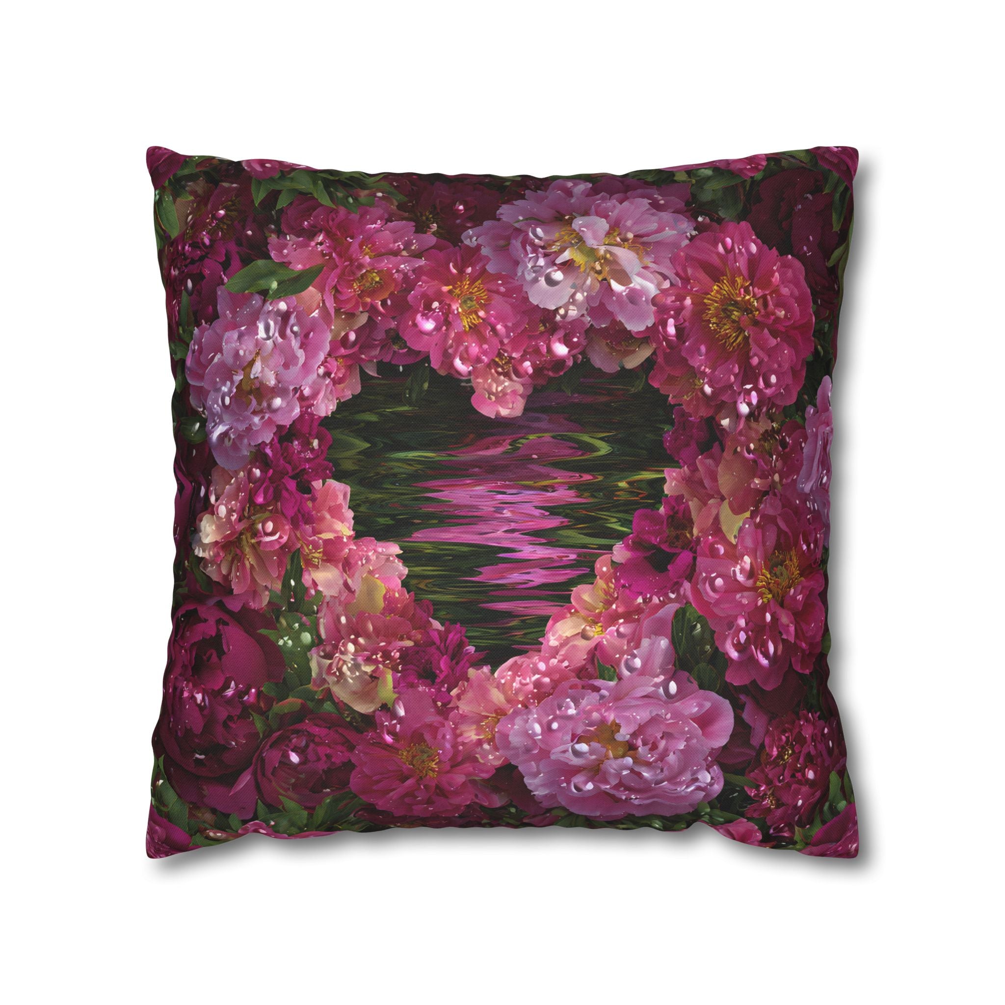 Floral Heart Pillowcase — Pink Rose Water Reflection Decorative Pillow
