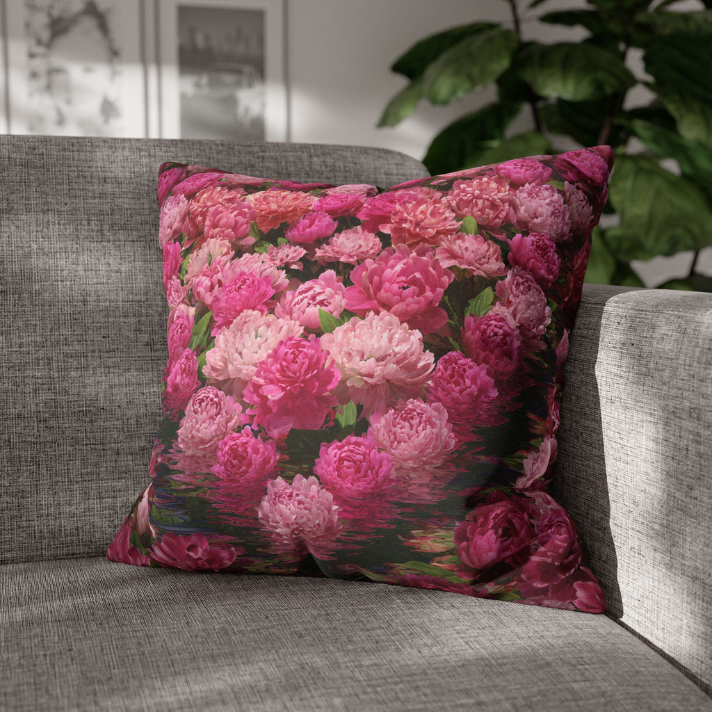 Pink Peony Floral Pillowcase — Decorative Square Throw Pillow Cover