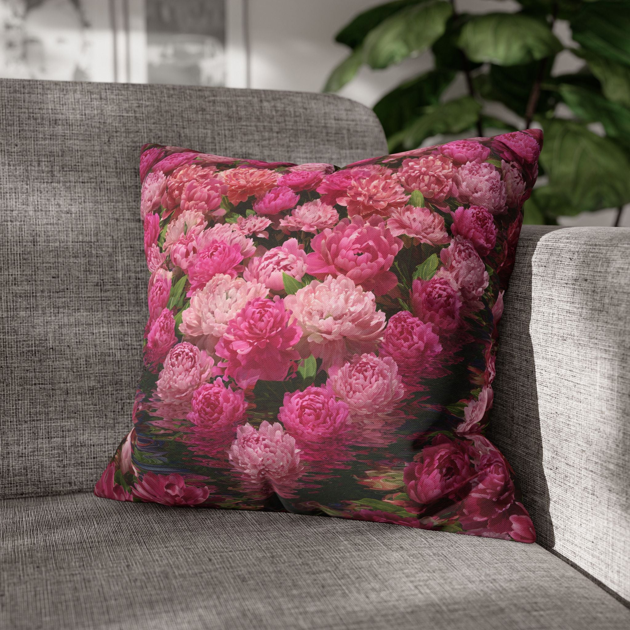 Pink Peony Floral Pillowcase — Decorative Square Throw Pillow Cover