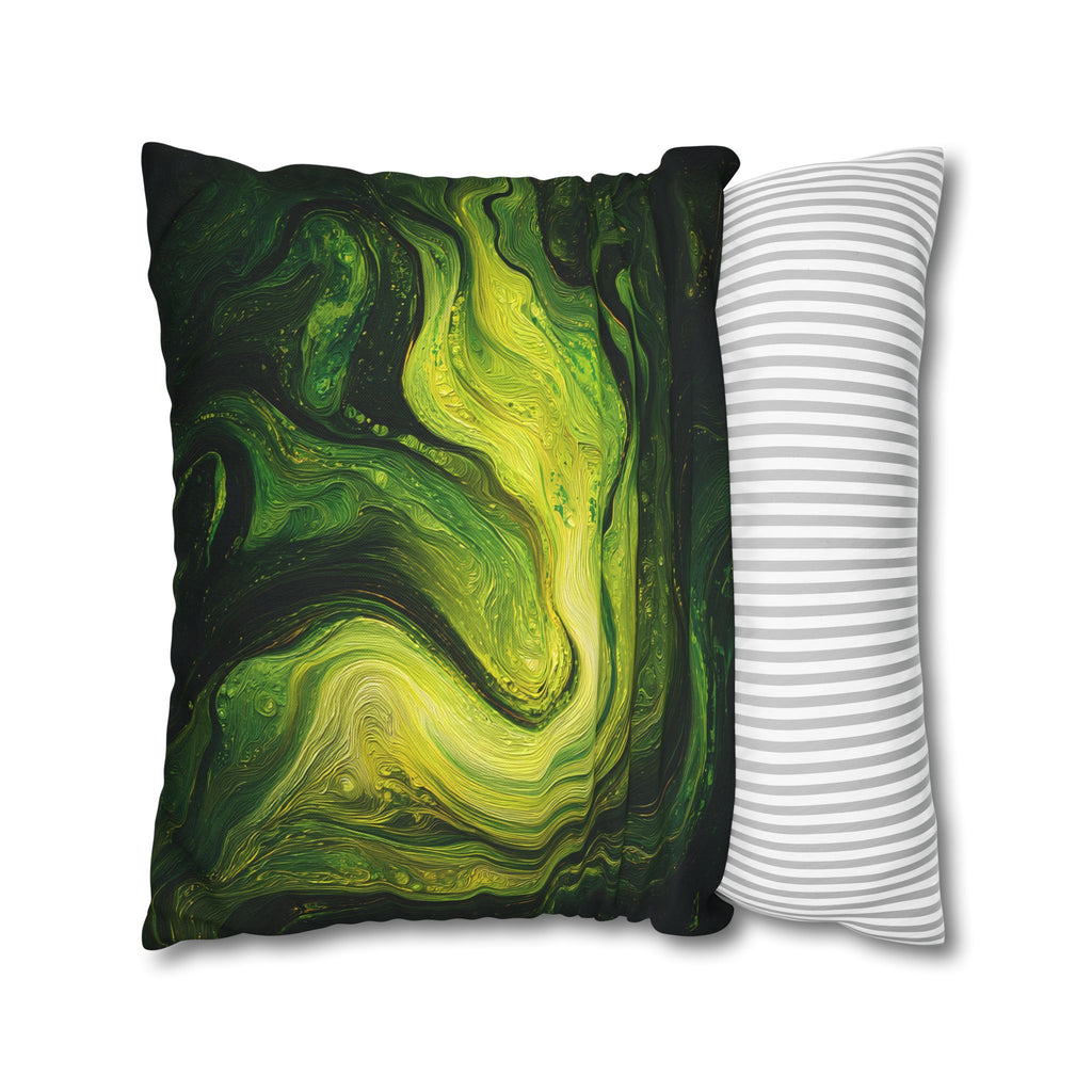 Green Marble Swirl Pillowcase — Abstract Fluid Art Decorative Pillow