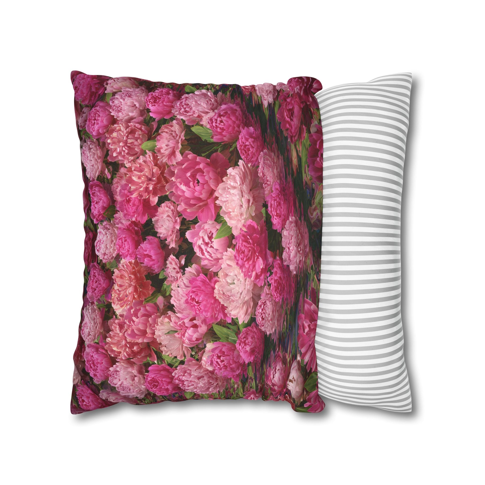 Pink Peony Floral Pillowcase — Decorative Square Throw Pillow Cover
