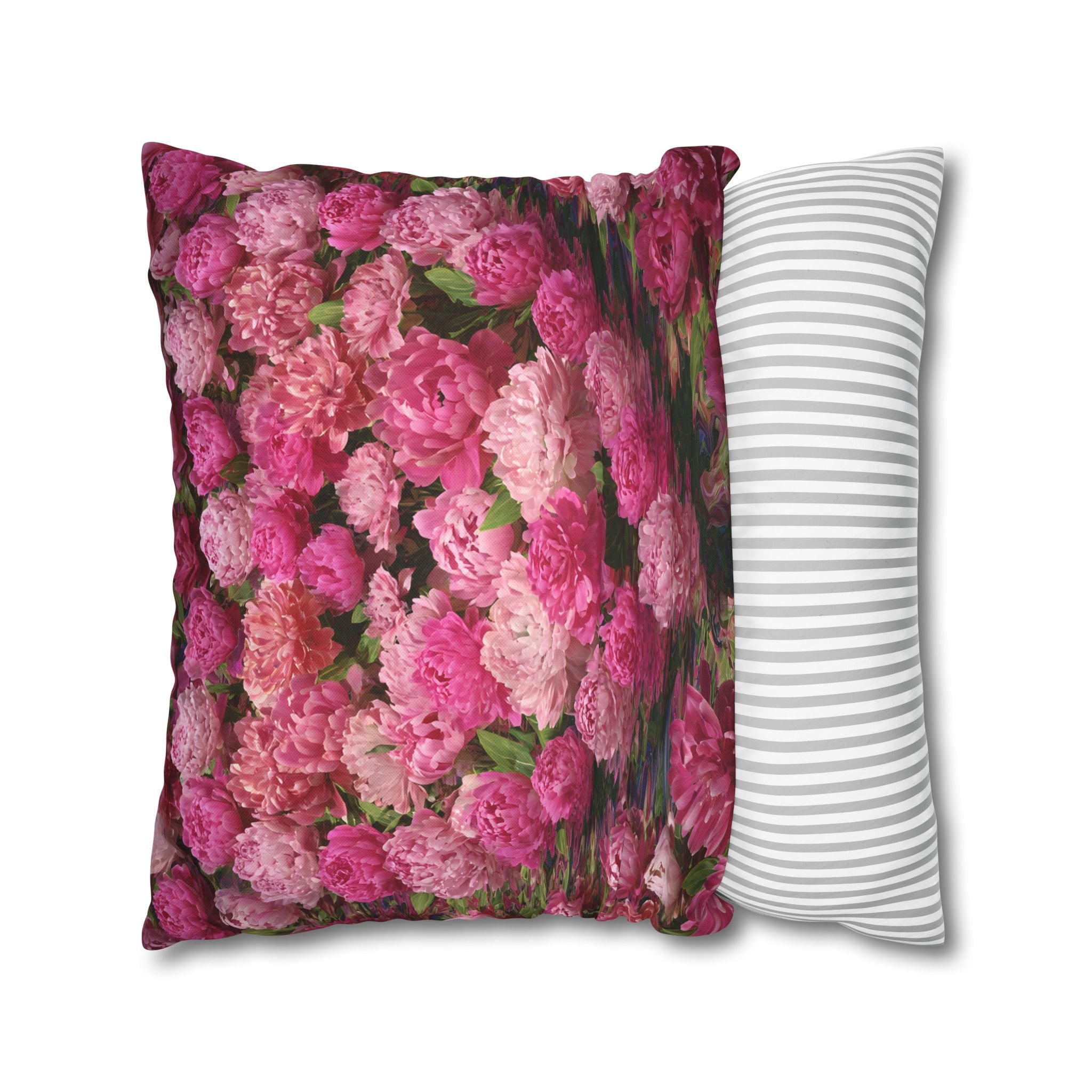 Pink Peony Floral Pillowcase — Decorative Square Throw Pillow Cover
