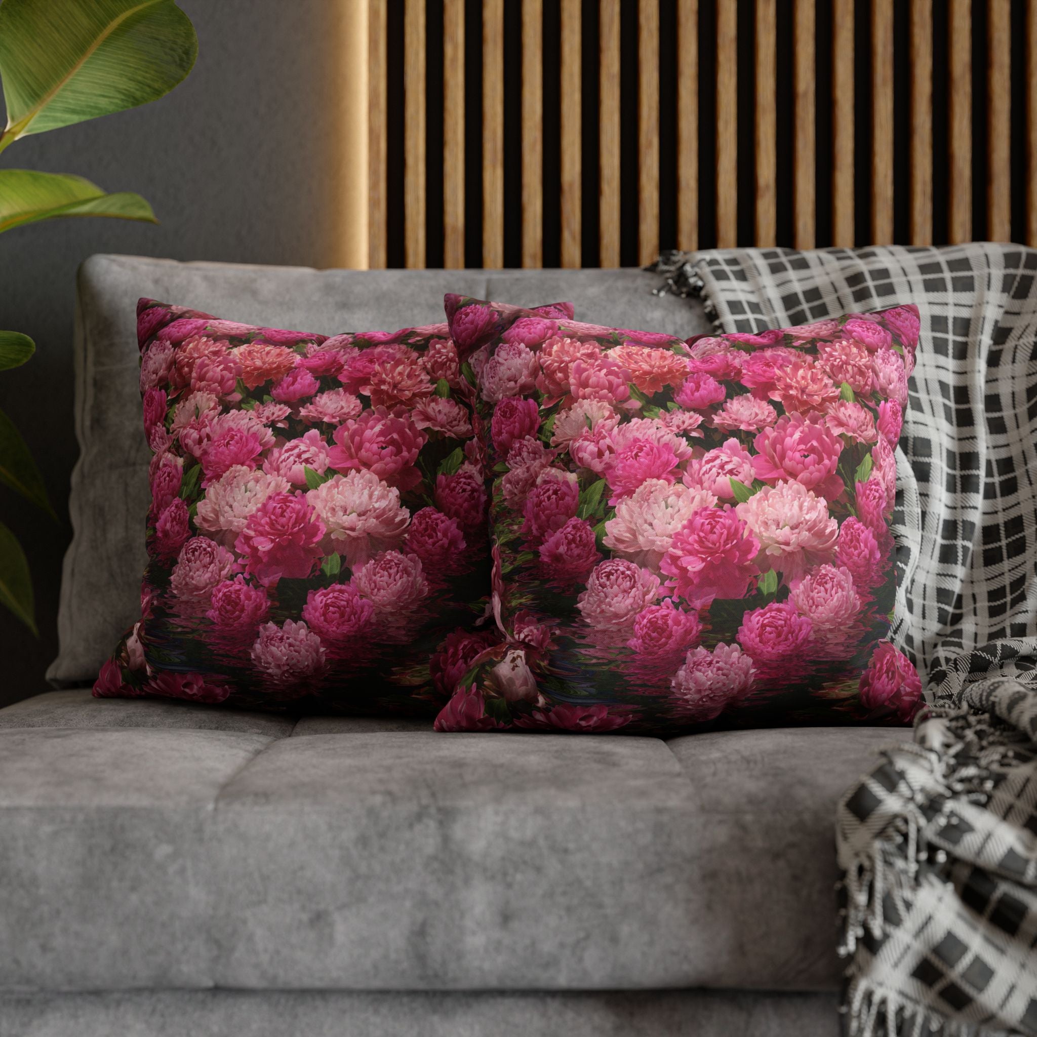 Pink Peony Floral Pillowcase — Decorative Square Throw Pillow Cover