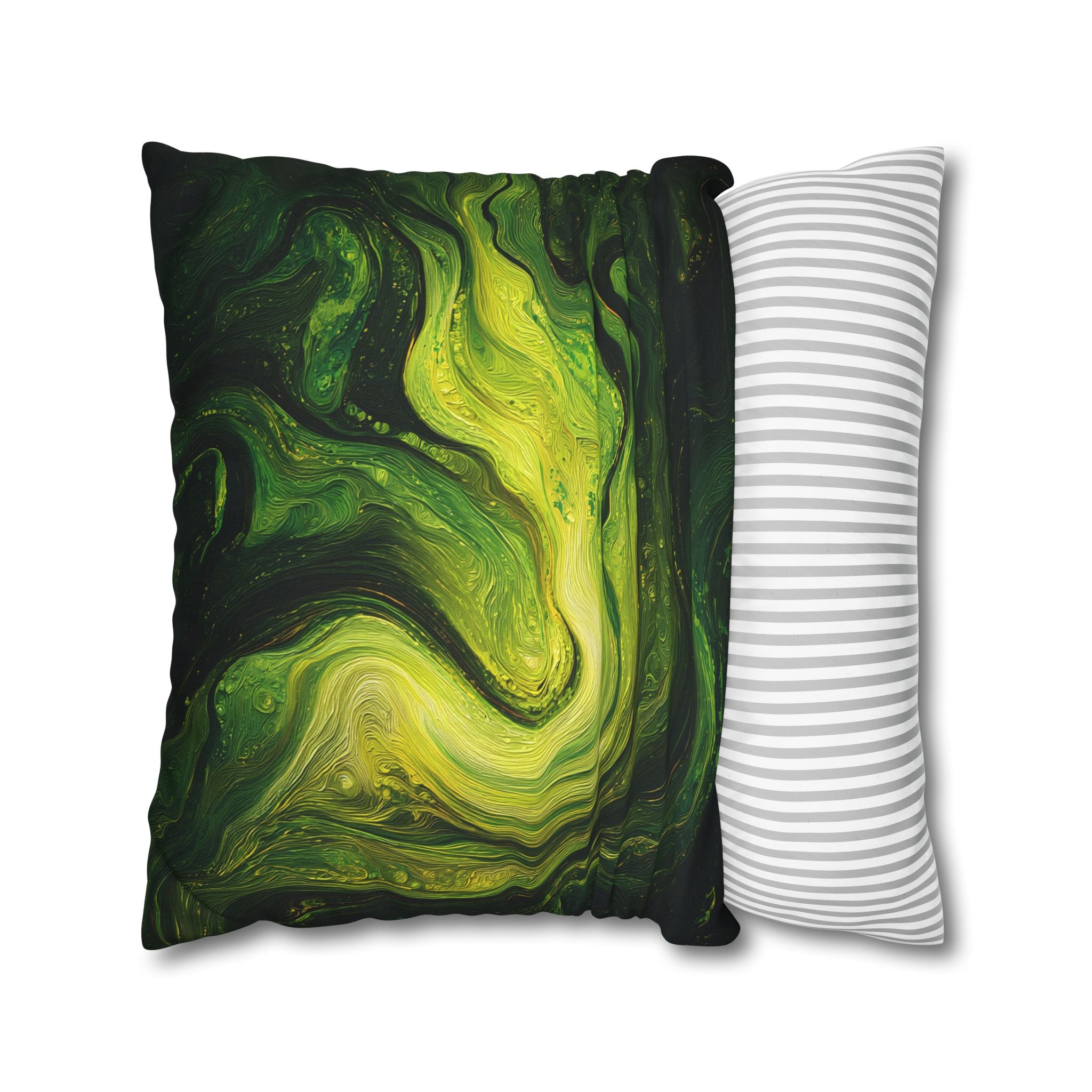 Green Marble Swirl Pillowcase — Abstract Fluid Art Decorative Pillow