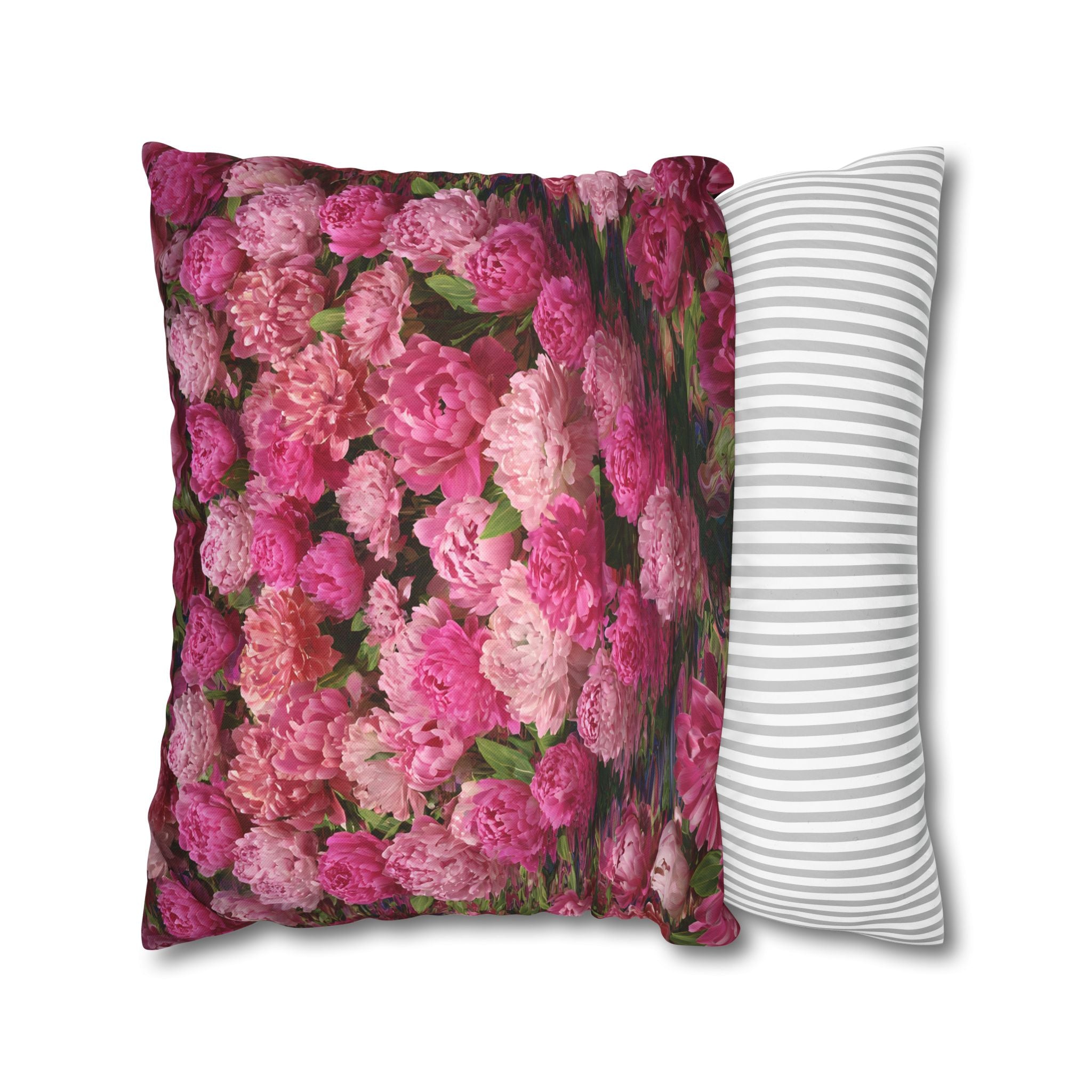 Pink Peony Floral Pillowcase — Decorative Square Throw Pillow Cover