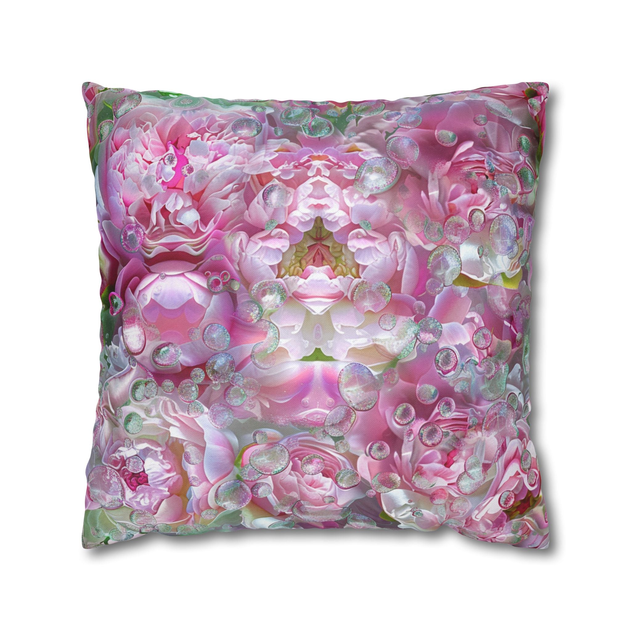 Pink Floral Kaleidoscope Pillowcase — Decorative Square Throw Pillow Cover