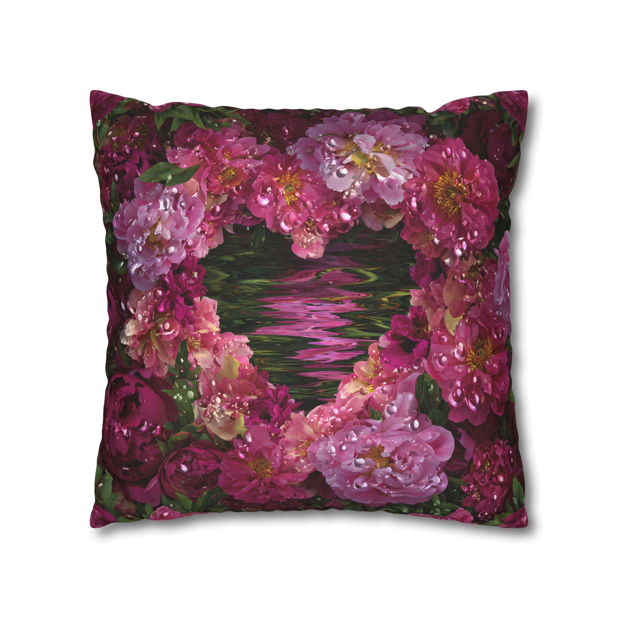 Floral Heart Pillowcase — Pink Rose Water Reflection Decorative Pillow