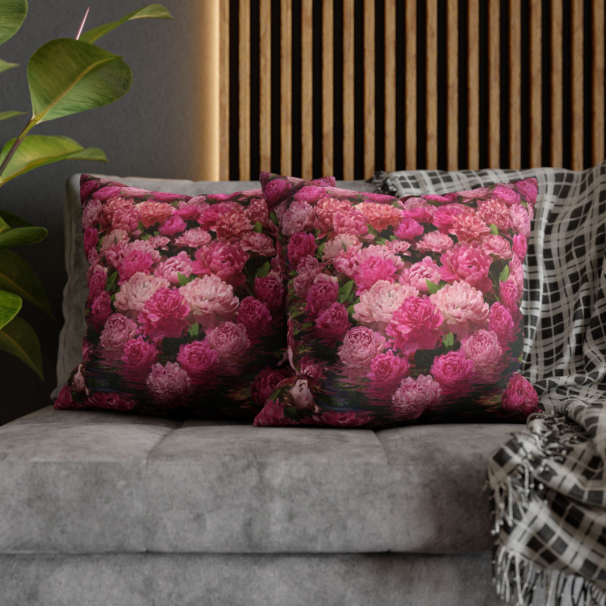 Pink Peony Floral Pillowcase — Decorative Square Throw Pillow Cover