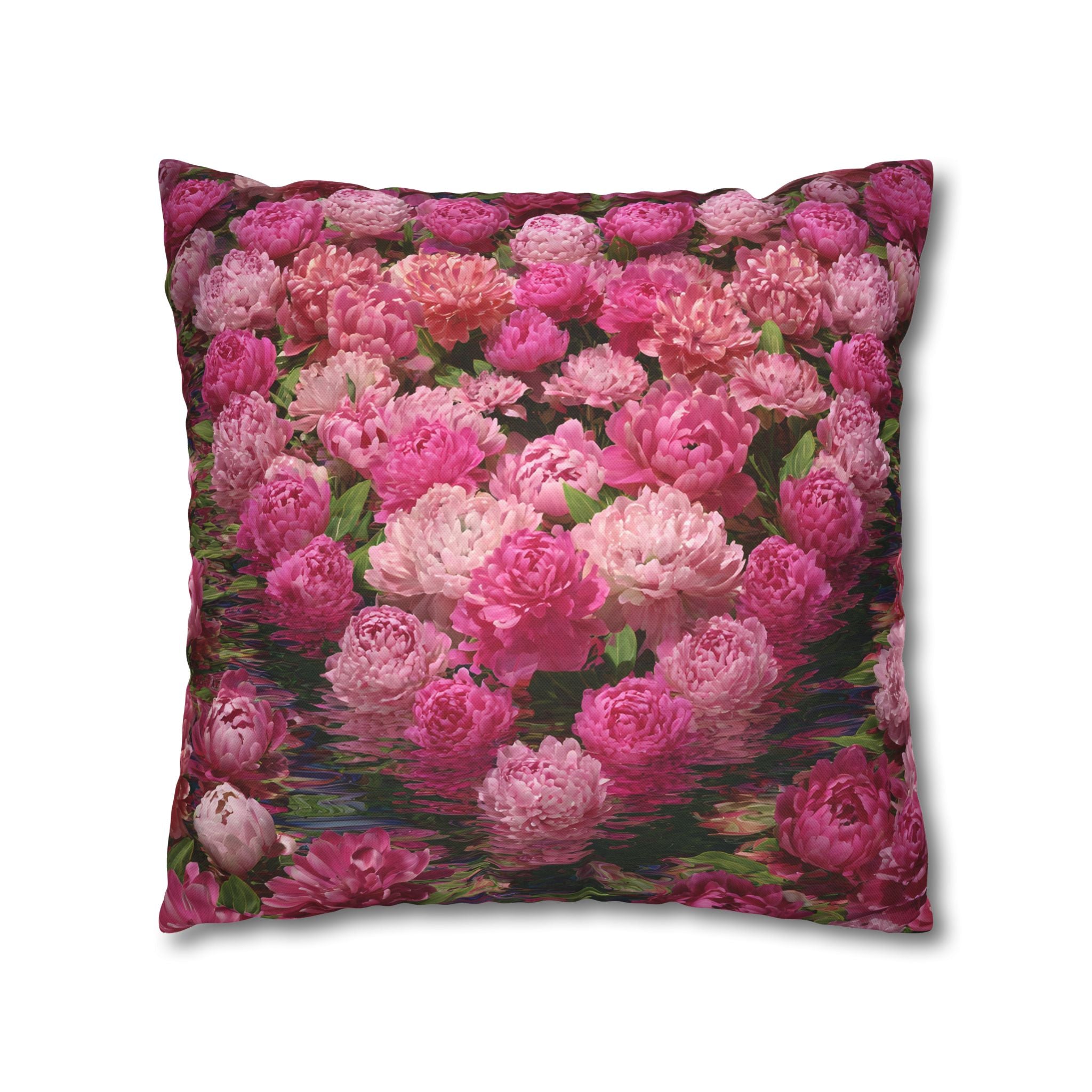 Pink Peony Floral Pillowcase — Decorative Square Throw Pillow Cover