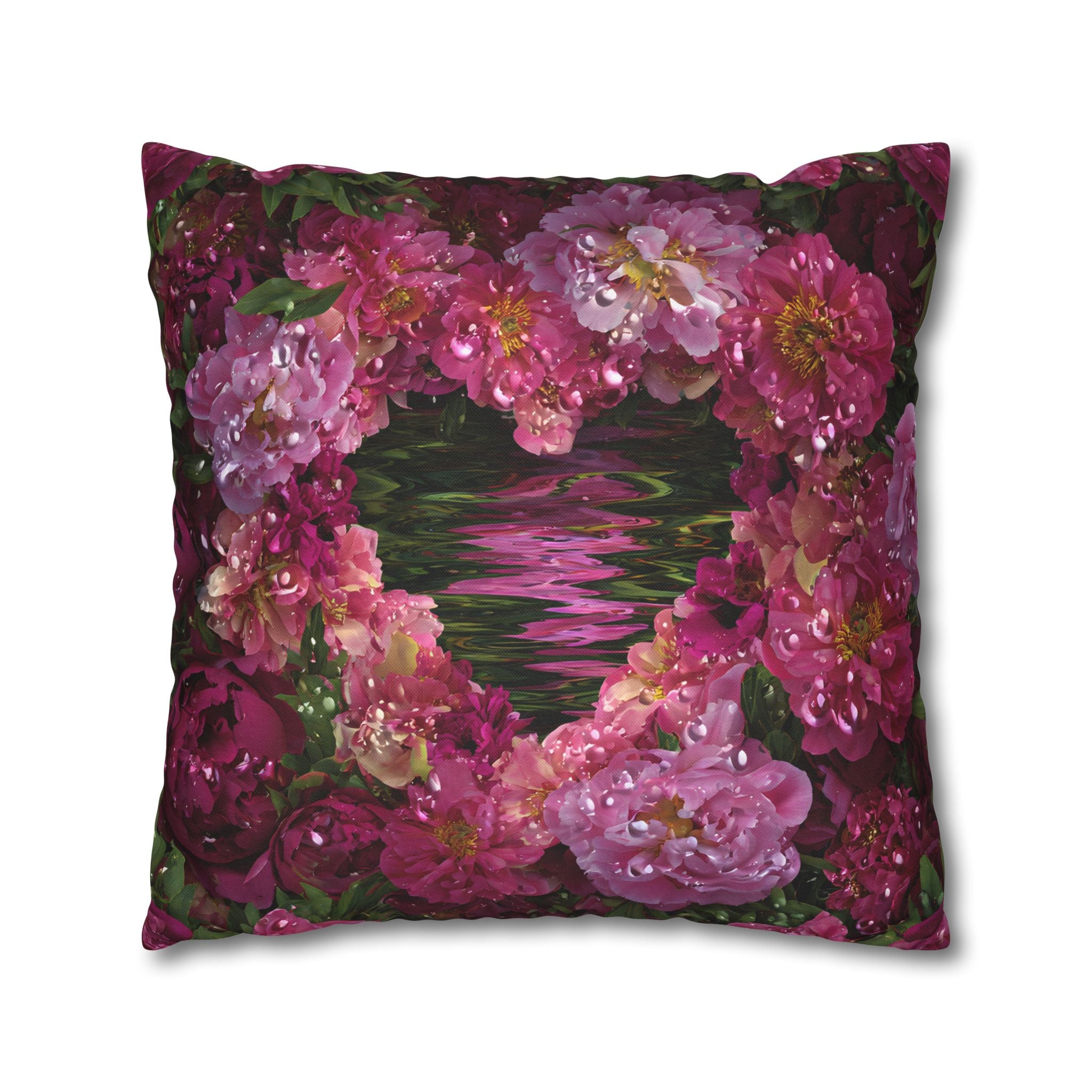 Floral Heart Pillowcase — Pink Rose Water Reflection Decorative Pillow