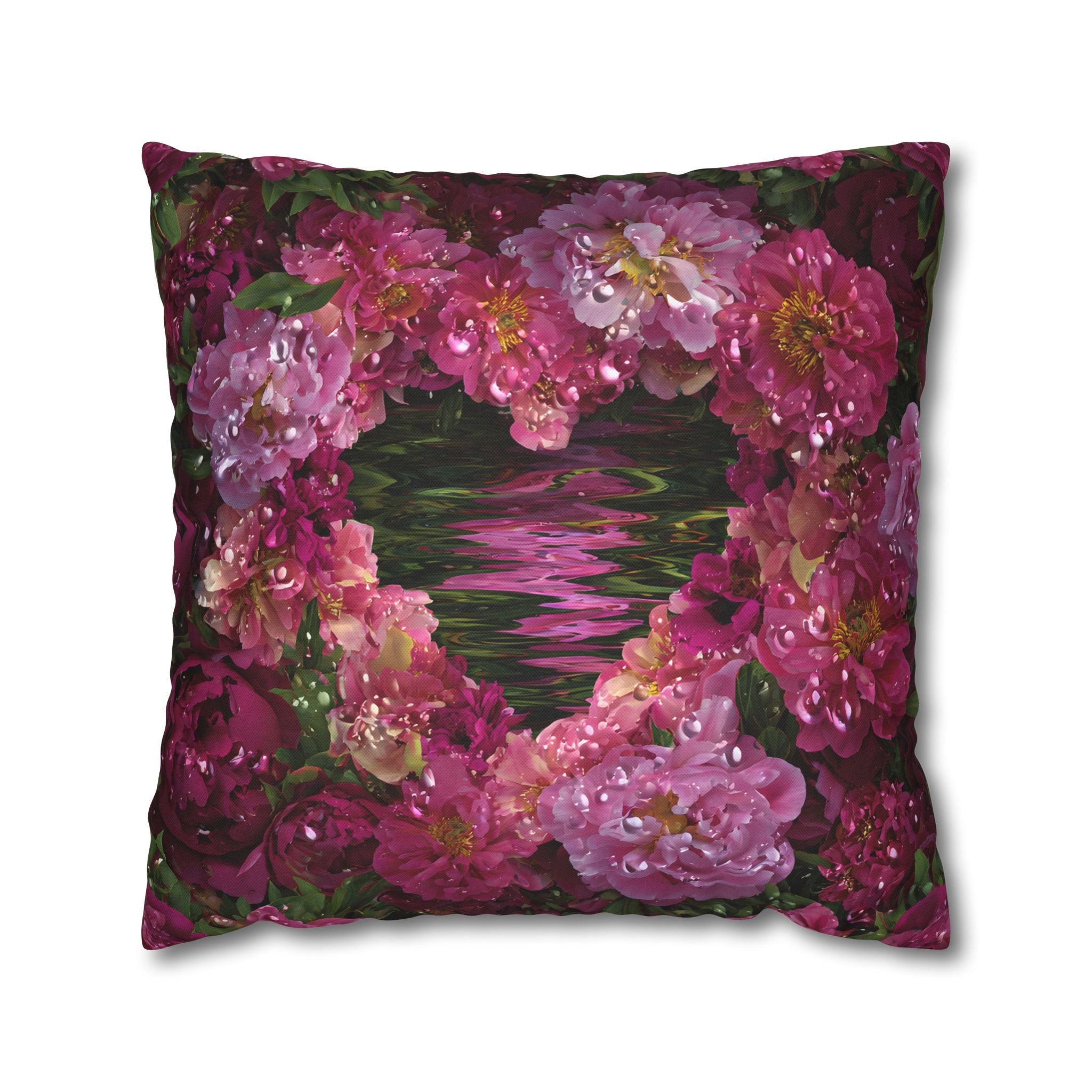 Floral Heart Pillowcase — Pink Rose Water Reflection Decorative Pillow