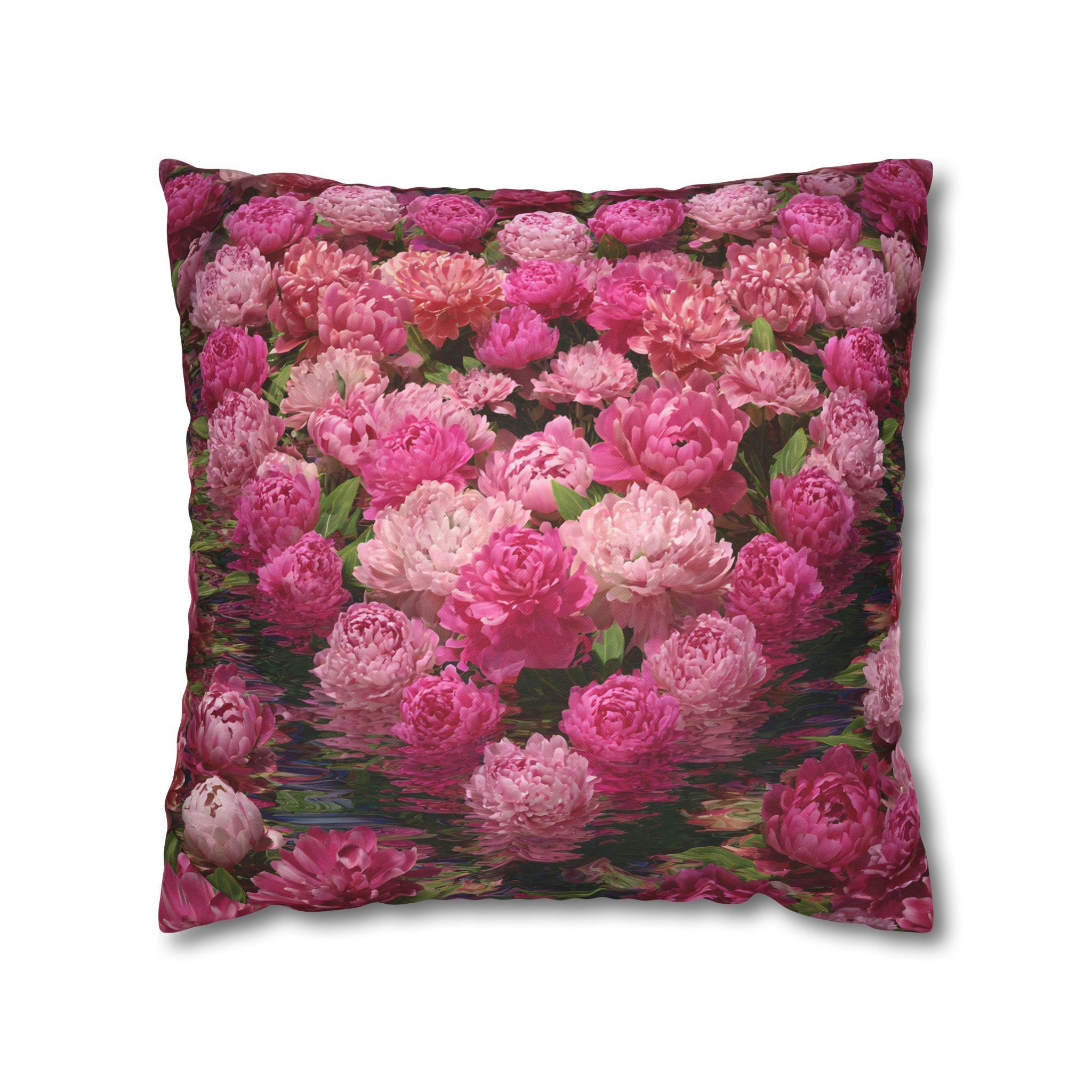 Pink Peony Floral Pillowcase — Decorative Square Throw Pillow Cover