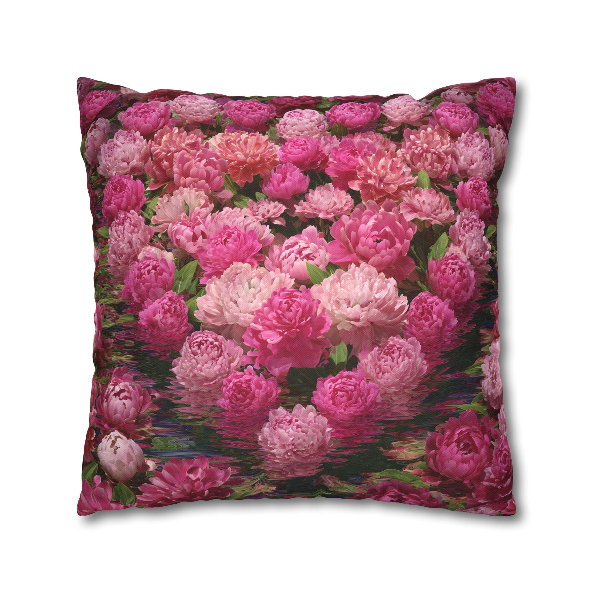 Pink Peony Floral Pillowcase — Decorative Square Throw Pillow Cover