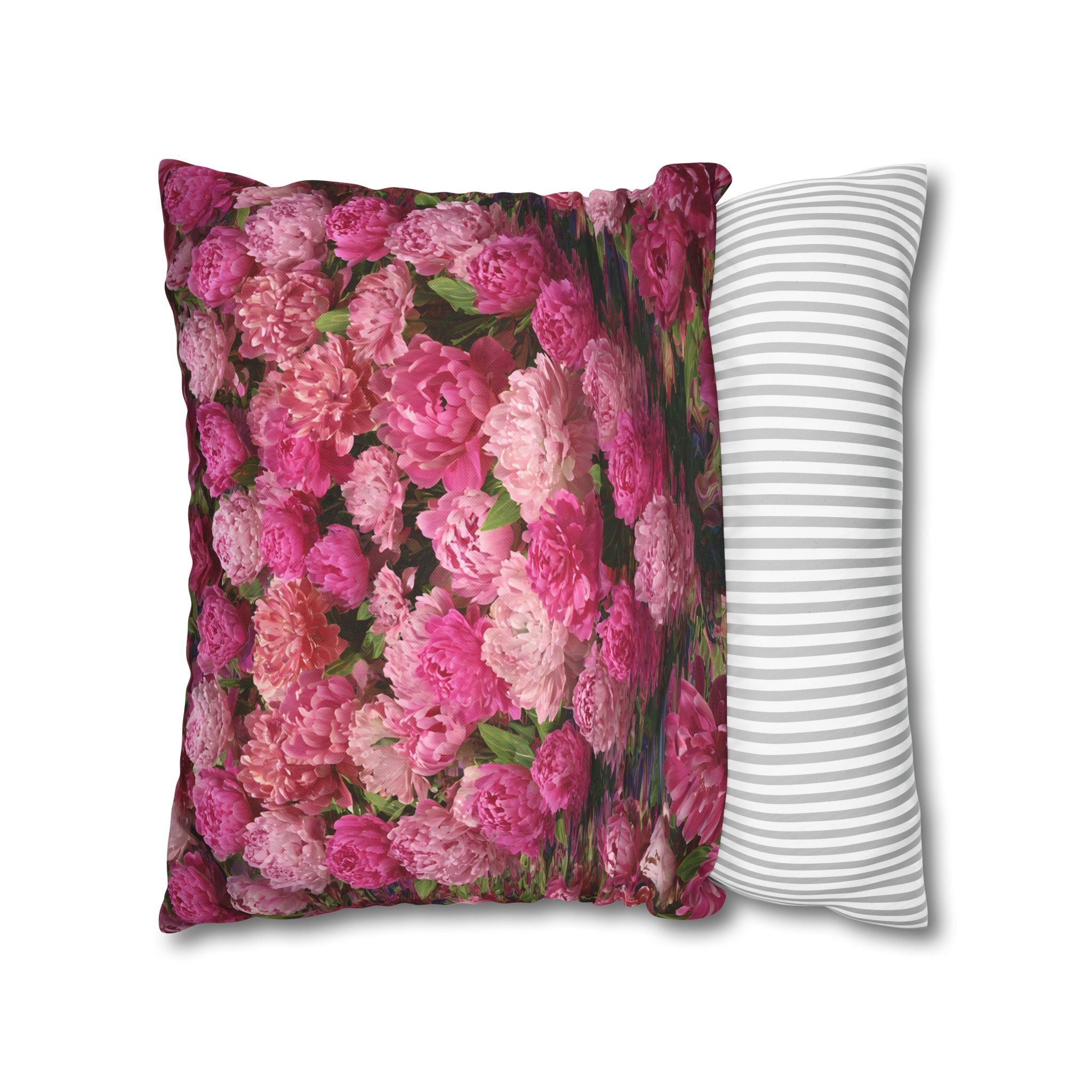 Pink Peony Floral Pillowcase — Decorative Square Throw Pillow Cover