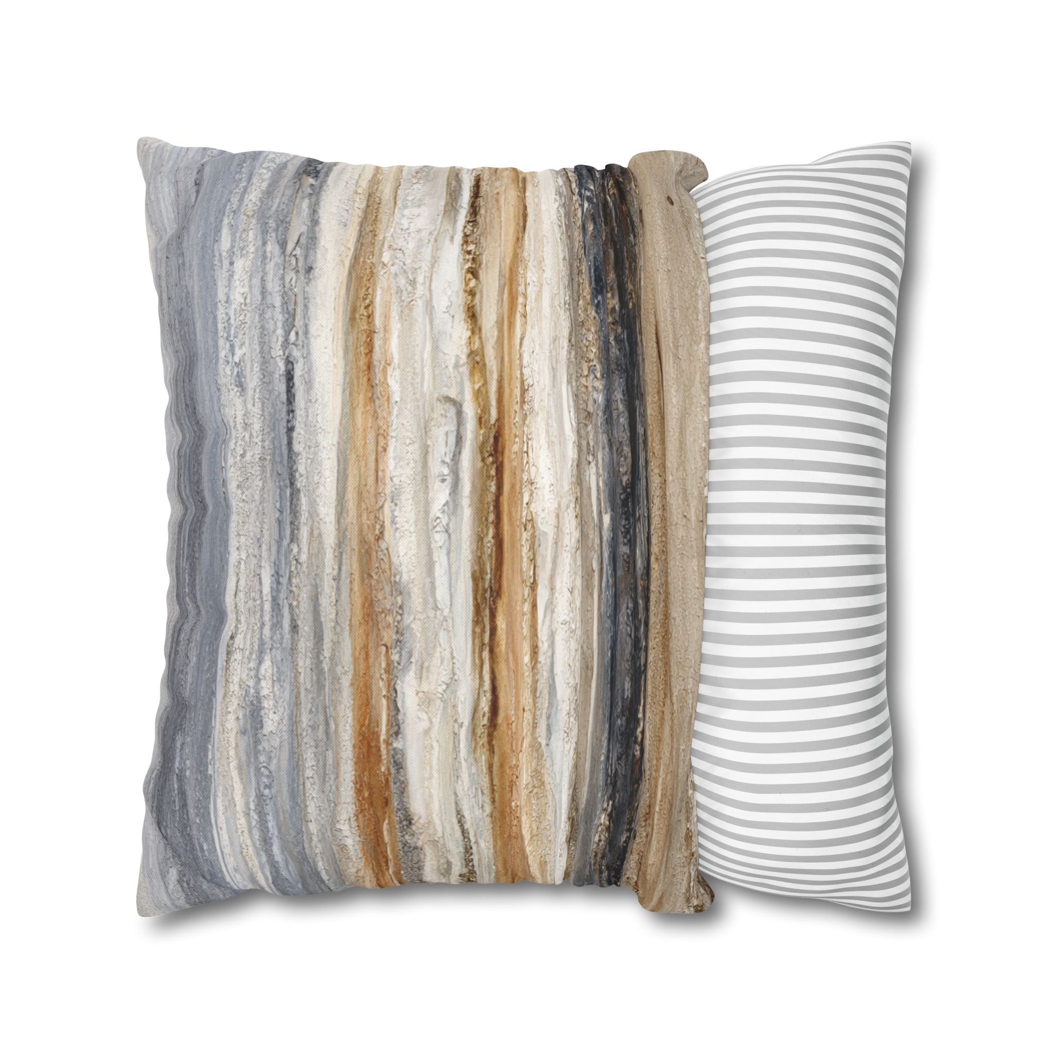 Abstract Neutral Striped Pillowcase — Coastal Textured Square Throw Pillow Cover