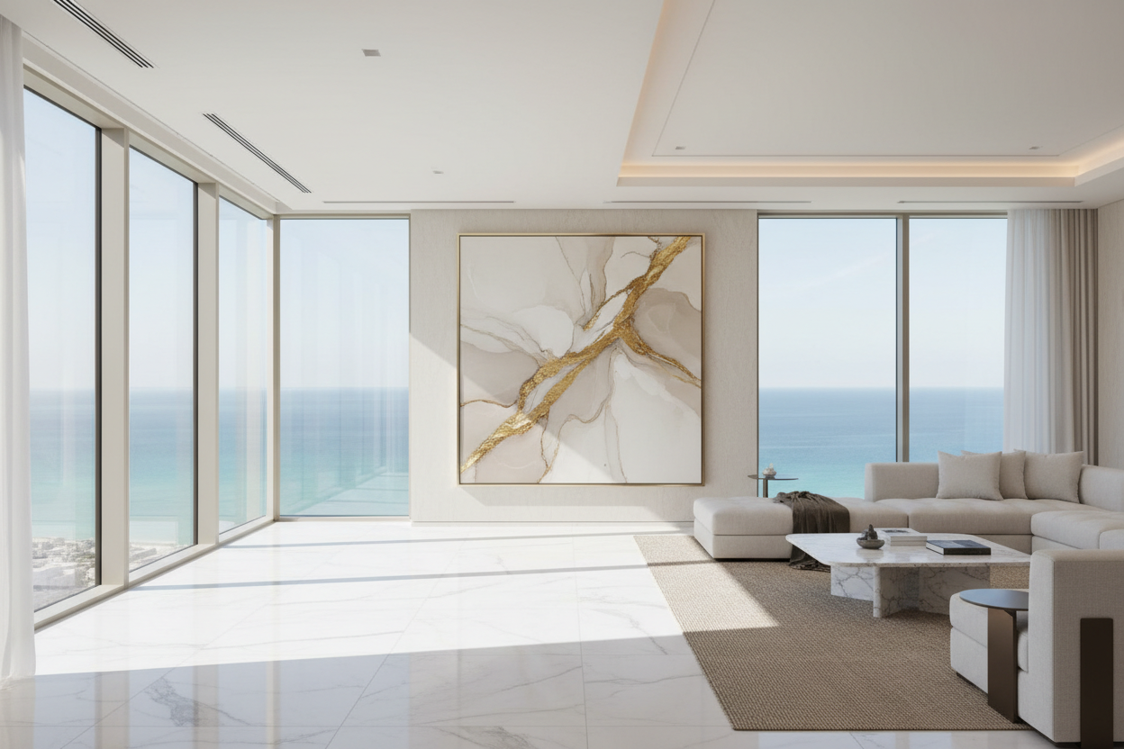 Ultra-luxury modern apartment interior inspired by Dubai, bright white and beige tones, minimalist high-end design, floor-to-ceiling windows with panoramic sea view, calm turquoise ocean outside, sunlight flooding the room, elegant marble floor, soft shadows, premium atmosphere. On the main wall hangs a large exclusive premium canvas artwork (abstract luxury art, neutral colors, gold accents), perfectly centered and framed. Photorealistic, cinematic lighting, interior photography, ultra high detail, clean 